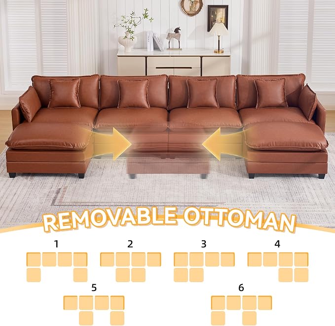 147'' Sectional Cloud Deep Seat Couch, Oversized Leather U Shaped Sectional Sofa for Living Room Set, Comfy Upholstered Modular Sectional Sofa Couch with Movable Ottoman, Leather Brown
