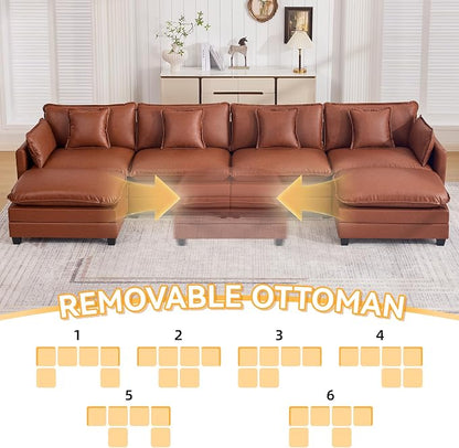 147'' Sectional Cloud Deep Seat Couch, Oversized Leather U Shaped Sectional Sofa for Living Room Set, Comfy Upholstered Modular Sectional Sofa Couch with Movable Ottoman, Leather Brown
