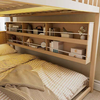 Merax Full Over Full Bunk Bed,Wood bunk Bed with LED,Bed with Integrated Shelving, Color-Changing Lights and Pegboard, Full Over Full, Beige