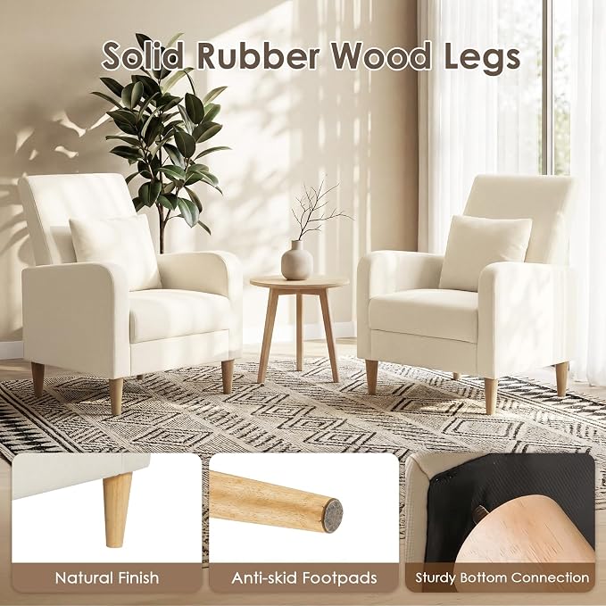 COLAMY Mid-Century Modern Upholstered Accent Chair with Back Pillow & Solid Wood Legs, Fabric Cozy Armchair for Living Room, Bedroom, Reading Nook, Apartment & Small Spaces, Beige