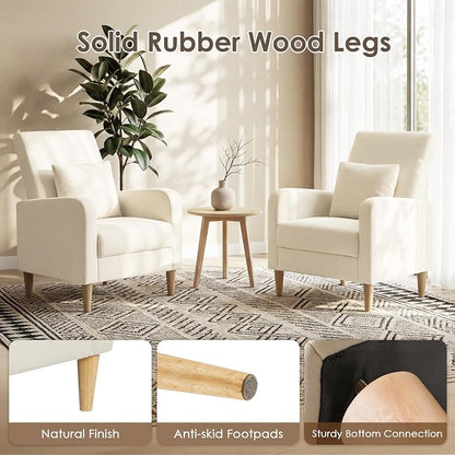 COLAMY Mid-Century Modern Upholstered Accent Chair with Back Pillow & Solid Wood Legs, Fabric Cozy Armchair for Living Room, Bedroom, Reading Nook, Apartment & Small Spaces, Beige