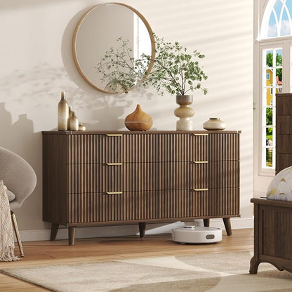 Lulive Wood Dresser for Bedroom with 6 Drawers, 53.2" Long Fluted Modern Chest of Drawers Storage Organizer, Dressers TV Stand for Living Room, Closet, Hallway (Walnut)