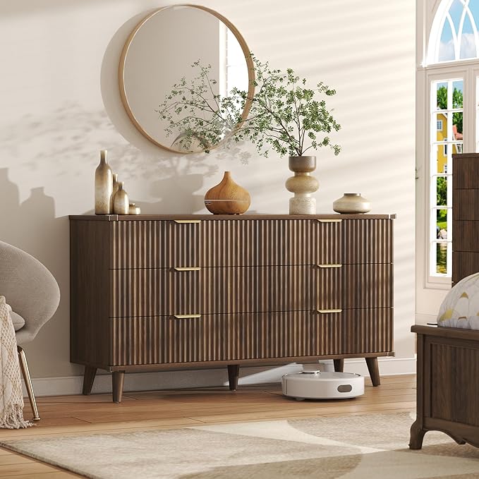 Lulive Modern Dressers and Nightstands Set 4-Piece, 2 Night Stands + 6-Drawer Dresser + 5 Drawers with Charging Station Modern Bedroom Sets Solid Wood Legs Walnut