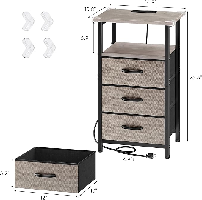 Vagusicc Nightstand with Charging Station, Bedside Table with USB Ports and Outlet, End Table Side Table with 3 Fabric Drawers and Storage Shelf, Bed Side Table Night Stand for Bedroom, Greige