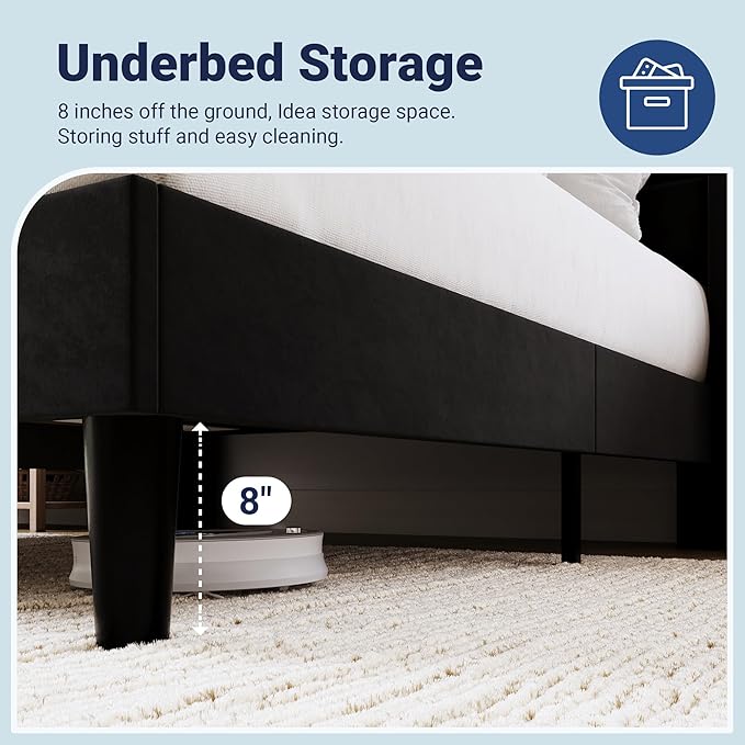 Allewie Full Size Platform Bed Frame with Charging Station & Storage Headboard, Upholstered Velvet Wingback Design & USB Port, Strong Wooden Slats Support, No Box Spring Needed, Easy Assembly, Black