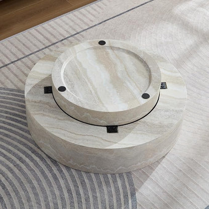 31.5" Faux Marble Round Coffee Tables, Modern Stone Coffee Tables, Fiberglass Drum Center Table, Accent Low Circle Coffee Table, Minimalist Sofa Side End Table for Living Room Apartment Office