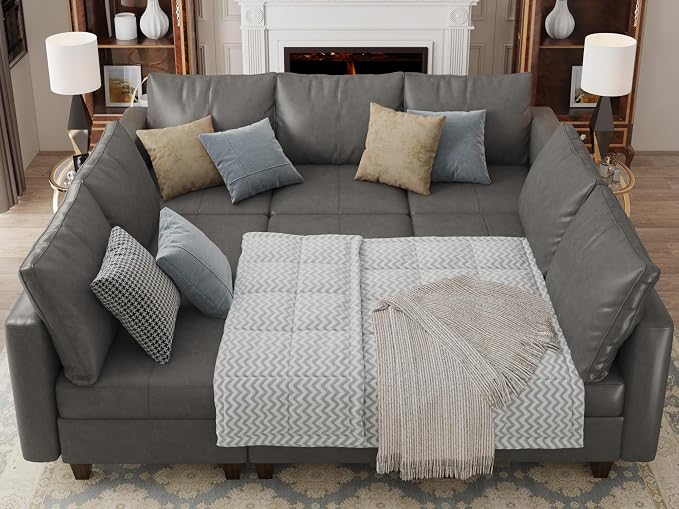 EASE MOOSE Modular Sectional Couch with Storage, Faux Leather Sectional Sleeper Sofa Bed,Grey Faux Leather Modular Sofa