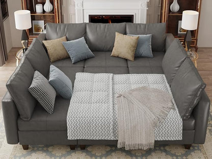 EASE MOOSE Modular Sectional Couch with Storage, Faux Leather Sectional Sleeper Sofa Bed,Grey Faux Leather Modular Sofa