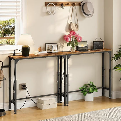 CHOEZON 59.1" Narrow Console Table with Adjustable Height (21.1"-29.9"), Set of 2, Behind Couch Table, Entryway Table with Power Outlet, Sofa Table for Entryway, Rustic Brown and Black TXG10UP2BF
