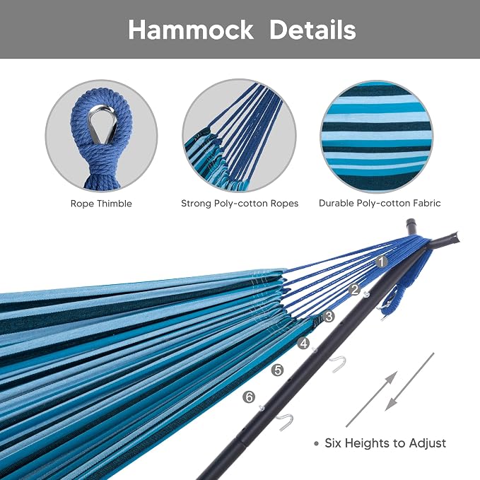 SUNCREAT 2-in-1 Convertible Backyard Fabric Hammock with Stand, Large Hammocks for Outside, Blue Stripes