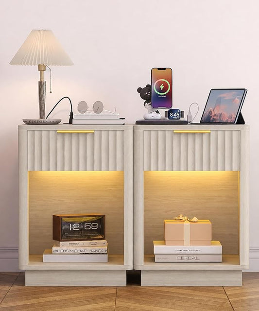 Akxomel Fluted Nightstands Set of 2, Wooden Night Stand with Charging Station and LED Light, Modern Mid Century Bed Side End Table with Drawer, 15" D x 15.7" W x 22.6" H, for Bedroom, White Alder