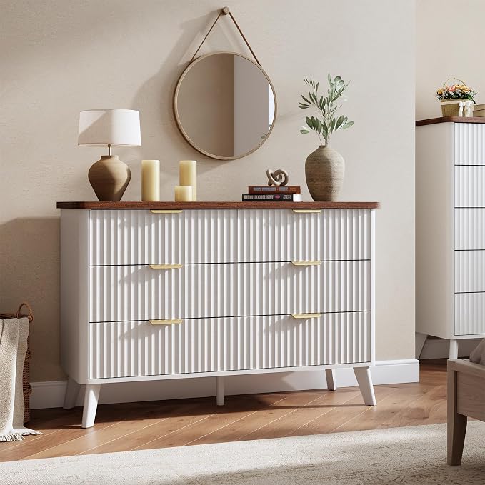 GarveeHome Fluted Dresser for Bedroom with 6 Deep Drawers, 47.2" Wide Modern Chest of Drawers, Wooden Dresser TV Stand, Curved Profile Design, for Living Room, Kids Room, Hallway, White