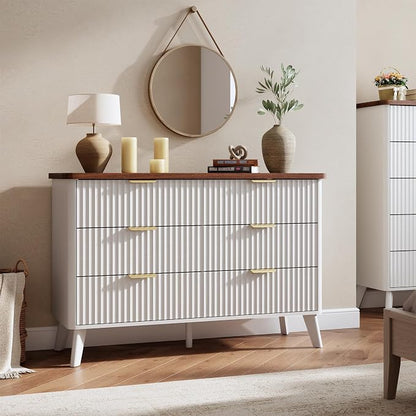 GarveeHome Fluted Dresser for Bedroom with 6 Deep Drawers, 47.2" Wide Modern Chest of Drawers, Wooden Dresser TV Stand, Curved Profile Design, for Living Room, Kids Room, Hallway, White
