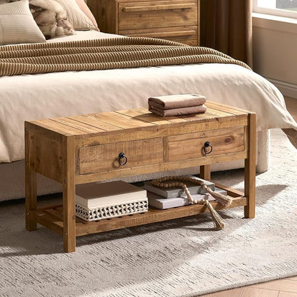 Wnutress 31.3" Reclaimed Solid Wood Benches with 2 Drawers & Slatted Storage Shelf, Rustic Farmhouse Long Entryway Bench Seat for Indoor, End of Bed, Living Room, Hallway, Natural Finsh