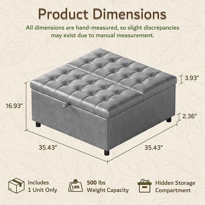 Grey Leather 36 Inch Extra Large Lift Top Living Room Storage Ottoman | LINLUX Tufted Upholstered Shoe Storage Entry Bench, Bed Benches For Foot Rest, Lift Footrest For Dorm Bedroom Office