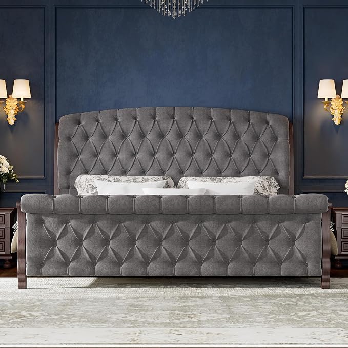 AMERLIFE Upholstered Queen Bed Frame, 53" Tall Sleigh Bed with Button Tufted Chenille Headboard and Footboard, Platform Bed with Carved Solid Wood Legs, No Box Spring Needed, Dark Gray