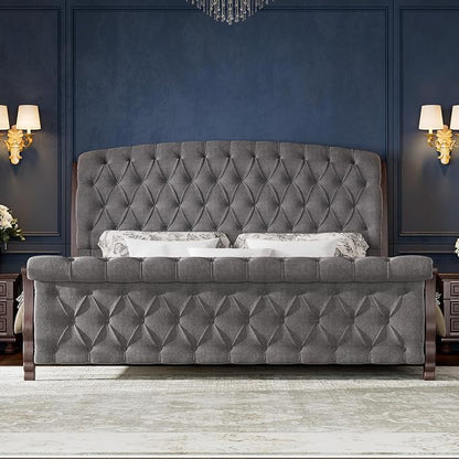 AMERLIFE Upholstered Queen Bed Frame, 53" Tall Sleigh Bed with Button Tufted Chenille Headboard and Footboard, Platform Bed with Carved Solid Wood Legs, No Box Spring Needed, Dark Gray