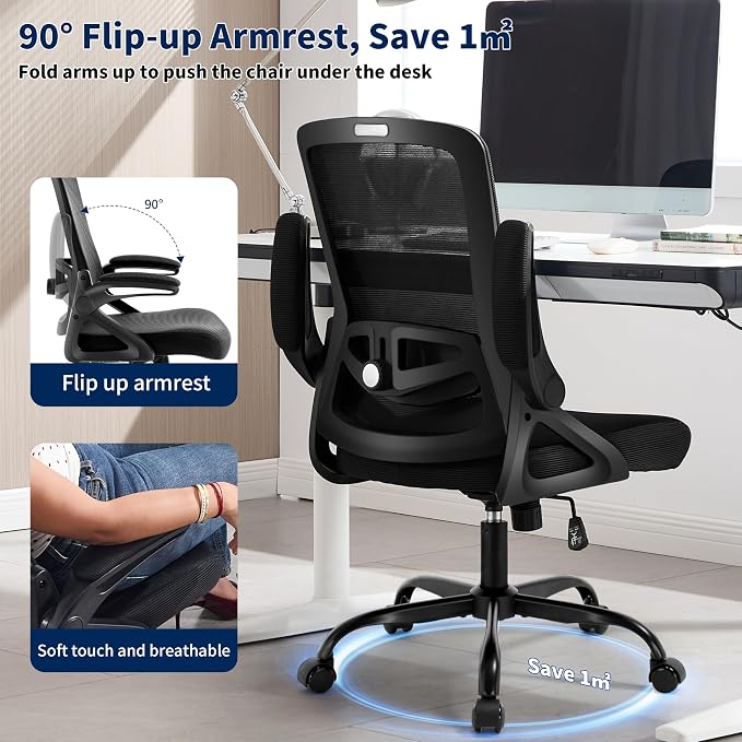 Ergonomic Office Chair, Desk Chair with Adjustable Lumbar Support, Breathable Mesh Comfy Computer Chairs with Flip-up Armrests Executive Task Chair for Adults Home Office (6Pcs)
