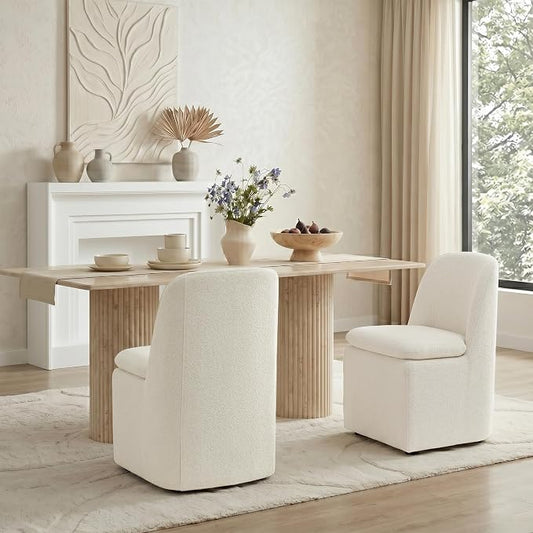 KISLOT Upholstered Dining Chairs Set of 2 with Hidden Casters, Modern Kitchen Chairs with Removable Washable Cover, Padded Dining Room Chairs with Chenille Velvet Fabric & Metal Frame, Beige