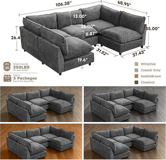 Iroomy Modular Sectional Sofa, Oversized Chenille Cloud Couch, Deep Comfy Seat, 5-Seater Sofas Couches for Living Room, Dark Grey, High Feet