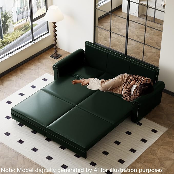 93.7" King Size Sleeper Sofa Bed, Pull Out Sofa Bed, Faux Leather Upholstery, 3 in 1 Convertible Sleeper Couch, Chaise Lounge, Retro Recliner for Living Room, Office, Apartment, Green
