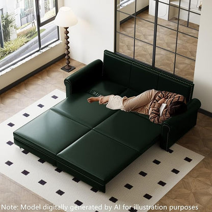 93.7" King Size Sleeper Sofa Bed, Pull Out Sofa Bed, Faux Leather Upholstery, 3 in 1 Convertible Sleeper Couch, Chaise Lounge, Retro Recliner for Living Room, Office, Apartment, Green