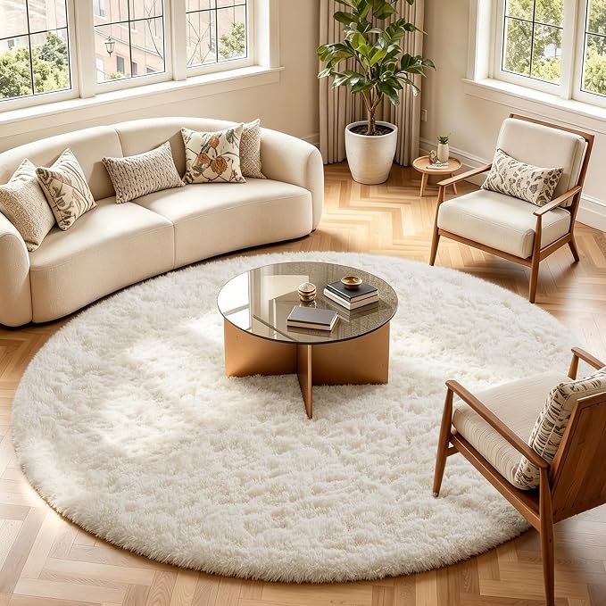 Ophanie Round Rugs 7Ft Ivory Circle Area Rug Washable, Living Room Aesthetic Decor, Fluffy Fuzzy Bedroom Carpet, Plush Soft Shaggy Cream Rugs for Kids Home Decor, Nursery with Over 99 pcs Pile fibers
