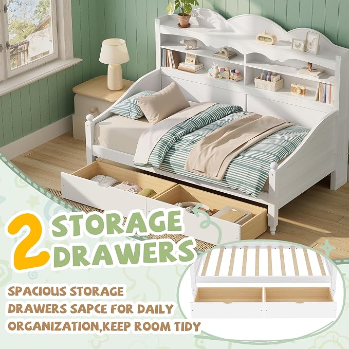 Merax Twin Daybed with Storage Drawers, Wood Twin Day Bed with 3-Tier Storage Headboard Shelves, Retro Style Twin-Size Daybed for Bedroom Guest Room, No Box Spring Needed, Easy Assembly, White