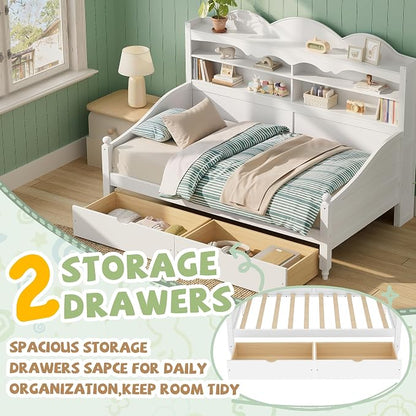Merax Twin Daybed with Storage Drawers, Wood Twin Day Bed with 3-Tier Storage Headboard Shelves, Retro Style Twin-Size Daybed for Bedroom Guest Room, No Box Spring Needed, Easy Assembly, White