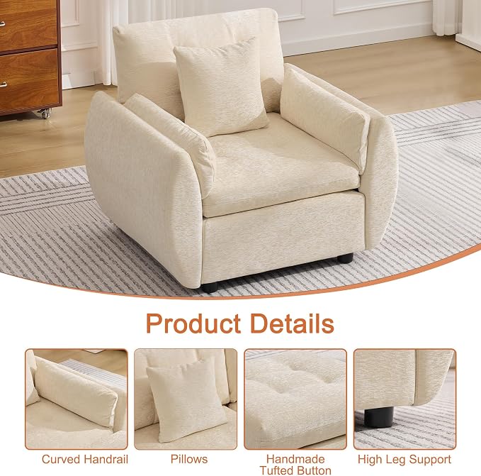 30" Single Modular Cloud Sofa Accent Chair, Deep Seat Tufted Chenille Armchair, Sectional Sofa for Living Room, Beige