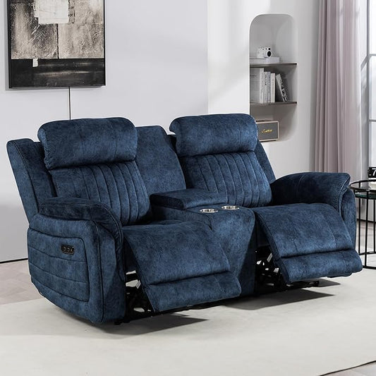 Power Zero Gravity Reclining Loveseat with Adjustable Headrest, Double Reclining Loveseat with Console, Power Loveseat Recliner with USB & Type-C Ports for Living Room (Blue)