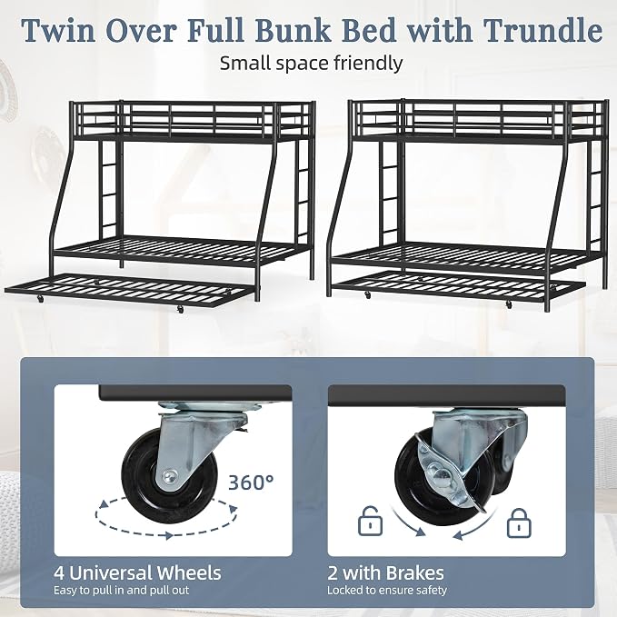 Shintenchi Bunk Bed Twin Over Full Size with Trundle, Heavy-Duty Twin&Full Frame with Full-Length Guardrail and Two Ladders, Triple for Kids, Teens and Adults, Space-Saving, Black