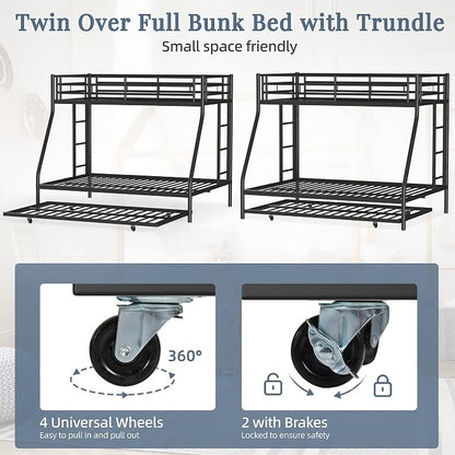 Shintenchi Bunk Bed Twin Over Full Size with Trundle, Heavy-Duty Twin&Full Frame with Full-Length Guardrail and Two Ladders, Triple for Kids, Teens and Adults, Space-Saving, Black