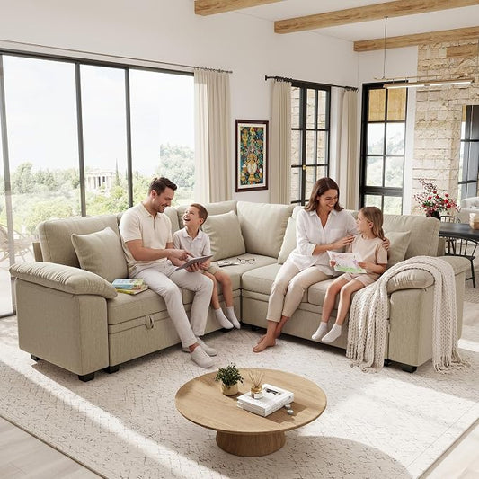 Ihanherry 86" Modular Sectional Sofa with Pull Out Bed, 5-Seater L Shaped Sectional Sleeper Couch with Storage, Chenille Convertible Couches for Living Room, Apartment (Sand)