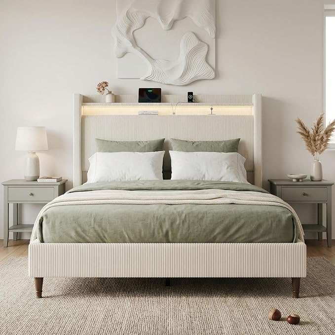 King Size Bed Frame with Tall Headboard, 55.3" Upholstered Platform King Bed Frame, Elegant Corduroy Wingback Bed with LED Lights & Charging Station, No Box Spring Needed, Solid Wood Slats, Cream