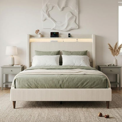 Queen Bed Frame with Tall Headboard, 55.3" Upholstered Platform Queen Size Bed Frame, Elegant Corduroy Wingback Bed with LED Lights & Charging Station, No Box Spring Needed, Solid Wood Slats, Cream
