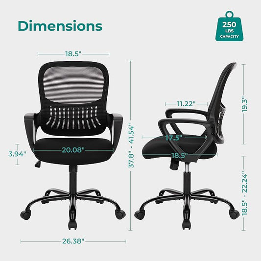 OLIXIS Home Office Chair, Mid Back Computer Ergonomic Mesh Desk with Large Seat, Executive Height Adjustable Swivel Task with Lumbar Support and Armrest, for Adults, Black