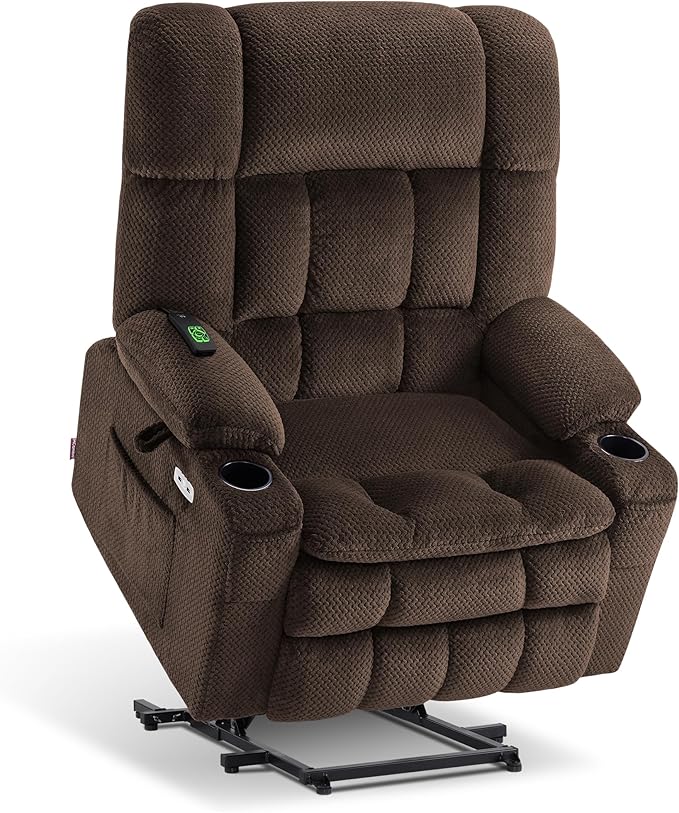 MCombo Oversized Power Lift Recliner Chair for Elderly, Dual Motor Lift Chair with Heat and Massage, Lay Flat Lift Chair for Big and Tall, Cup Holders, Fabric R7891 (Large-Wide, Mocha)