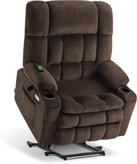 MCombo Oversized Power Lift Recliner Chair for Elderly, Dual Motor Lift Chair with Heat and Massage, Lay Flat Lift Chair for Big and Tall, Cup Holders, Fabric R7891 (Large-Wide, Mocha)