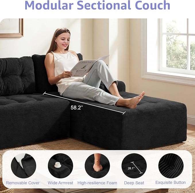 Hobestluk Modular Sectional Sofa Couches L-Shape Couch 3 Seat Modular Sofa Memory Foam Sectional Couches for Living Room, Cloud Couch with Oversized Chaise (Ebony Corduroy, 96", Right Hand Facing)