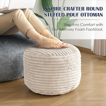 Round Ottoman,Corduroy Pouf Ottoman Foot Rest,Beige,20x15 IN | Storage Footstool for Living Room,20x15 Soft Floor Poufs,Memory Foam Filling,Footrest only