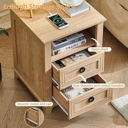 Joaxswe 18" Farmhouse Night Stands Set of 2 with Charging Station, 2 Drawers Bedside End Table, Natural Wooden Nightstand, Bed Side Table Cabinet with Open Shelf for Bedroom Living Room Office