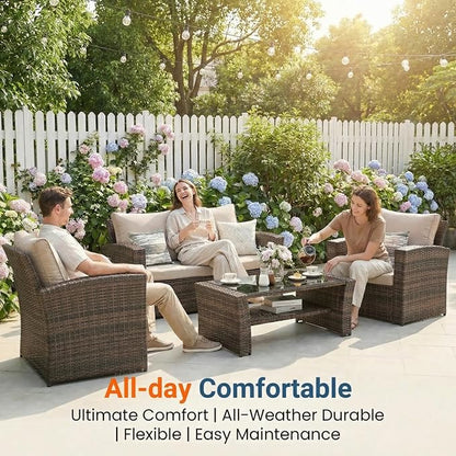 Wisteria Lane Patio Furniture Set, Wicker Outside Outdoor Furniture for All Weather, Patio Sofa with High Backrest Support and Wide Armrest for Backyard, Balcony, Deck, Porch, Brown