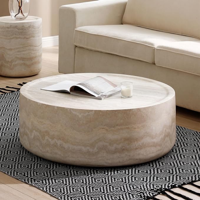 Faux Marble Coffee Table, Modern Round Coffee Table for Living Room, Circle Drum Coffee Side Tables, Fiberglass Center End Table for Small Place Apartment Office, 31.49" Marble