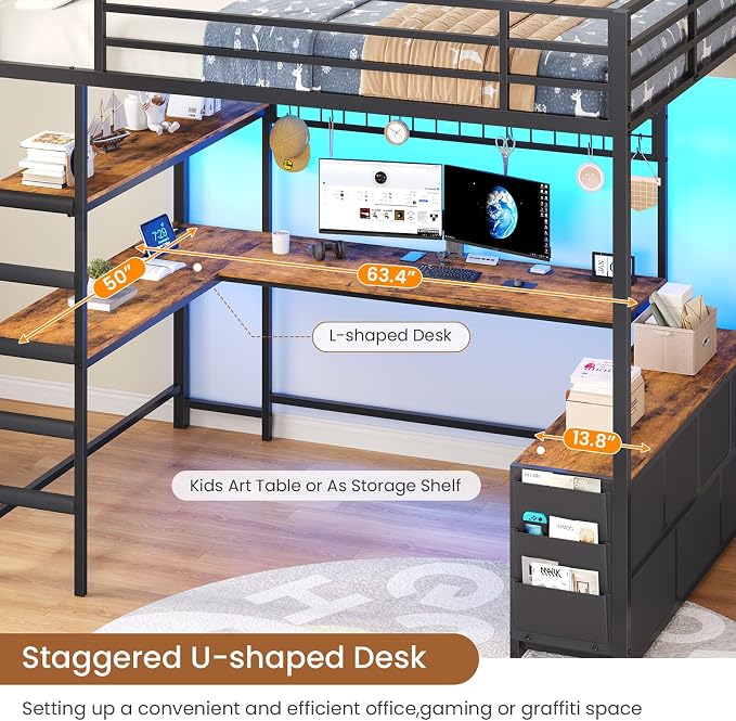 DICTAC Full Loft Bed with U-Shaped Desk,7 Storage Drawers and Charging Station,Metal Full Size Loft Bed with Led Lights and 2-Tier Storage Shelves,Teen loft Beds with Safety Guardrail & Stairs,Black