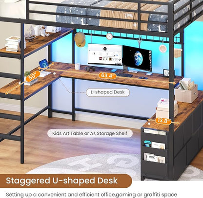 DICTAC Full Loft Bed with U-Shaped Desk,7 Storage Drawers and Charging Station,Metal Full Size Loft Bed with Led Lights and 2-Tier Storage Shelves,Teen loft Beds with Safety Guardrail & Stairs,Black