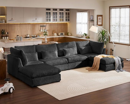154" Oversized Corduroy Couch Modular Sectional Sofa, Washable Cloud Couch Sectional with 2 Ottoman, 6 Seater Sectional Couches for Living Room, Fully Cover Removable, U Shaped, Corduroy, Black