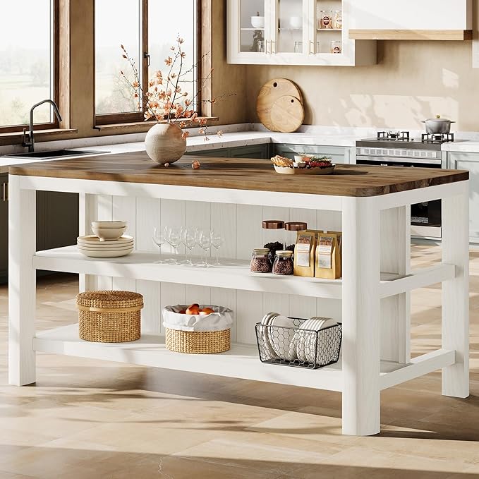 63-Inch Solid Wood Kitchen Island with Storage Shelves, Farmhouse Island Table with Seating, Counter Height Bar Table for Dining Room, Kitchen, Easy to Assemble, Brown and White
