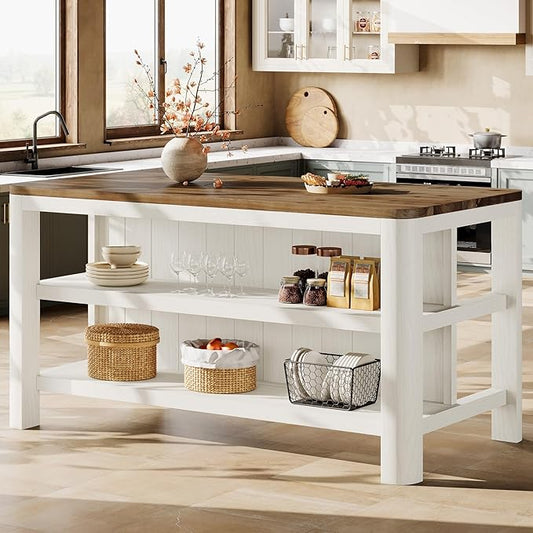 63-Inch Solid Wood Kitchen Island with Storage Shelves, Farmhouse Island Table with Seating, Counter Height Bar Table for Dining Room, Kitchen, Easy to Assemble, Brown and White