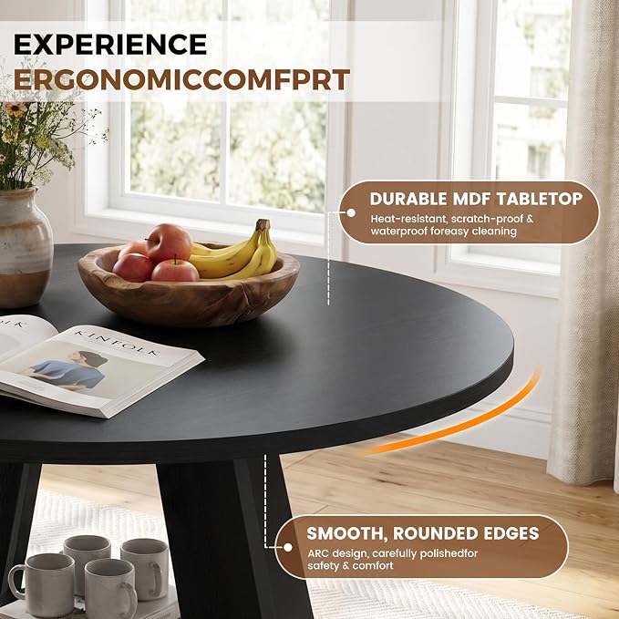 Miereirl 47.3 Inch Round Dining Table Set for 4, Round Kitchen Table with Chairs, Space Saving Dining Room Table Set with Storage Shelf for Apartment Kitchen Dining Room, Black Table+4 Beige Chairs